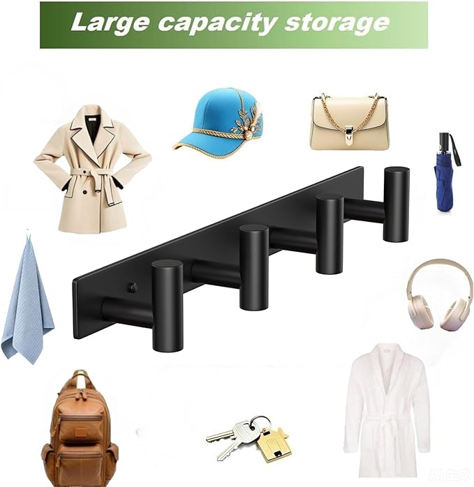 VINHOLD Wall Mounted Coat Rack-4 Hooks, Heavy Duty Stainless Steel Wall Hooks for Towel Coat Bag, Hat Rack Coat Hanger Coat Hooks Towel Racks for Bathroom Entryway Kitchen Hotel Office (Black, 1 Pack)