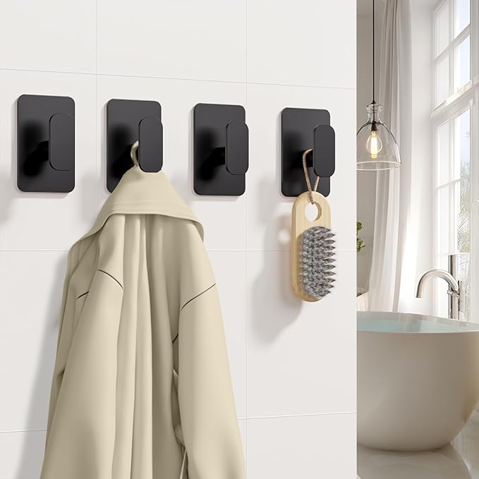 Heavy Duty Self Adhesive Hooks - 26lb Max, Sticky Wall Hooks Stainless Steel for Hanging Towel, Coat, Robe, Waterproof & Rustproof Hooks Stick on Bathroom, Shower, Kitchen (Black, 4 Pack)