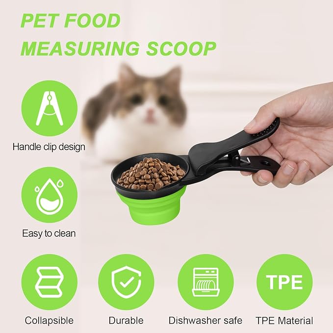 PNEUICALLY Collapsible Dog Food Scoop Foldable Pet Food Bag Clip 3 in 1 Multi-function Silicone Cat Food Measuring Cup Scoop Dog Food Scooper Pet Food Storage Clip (Green, 1/2 Cup Capacity(1 Pack))