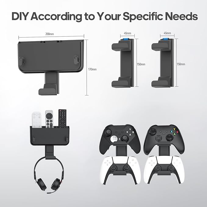 Controller & Headset & Remote Holder Wall Mount with No Drill, 2 Packs Gaming 4 Controllers Hanger Hook Mount for PS5/PS4/XBOX/Switch, Headphone Stand & Remote Control Holer Wall Shelf with Adhesives
