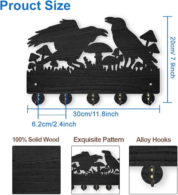 MAYJOYDIY Crow Coat Hooks Wall Mount Black Crow Mushroom Wood Key Holder for Wall 11.8×7.9inch Black Wall Art Decor Key Hooks 5 Alloy Hooks for Gift Entryway Living Room Kitchen Office