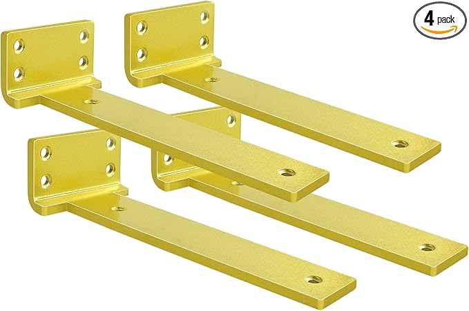 Floating Shelf Brackets 12 inch 4 Pack L Brackets for Shelves Gold Metal Heavy Duty Shelf Bracket for DIY Decorative with Mounting Hardware