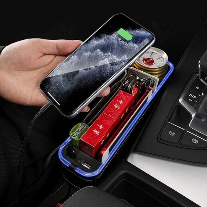 Tumecos Car Seat Gap Organizer with Light Multifunctional with Small Cup Holder Car Seat Organizer Car Seat Gap Filler with 2 USB Super Fast Charge Ports(Beige, Driver and passenger’s side)