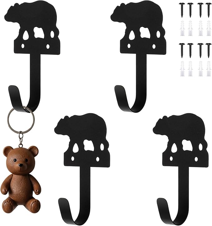 4 pcs Metal Bear Hooks Wall Mount Iron Black Decorative Wall Mounted Coat Hooks Cute Animal Key Hanger Decor for Dog Leashes, Towels, Hats