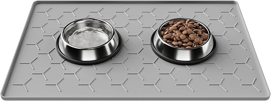 Pieviev Dog Cat Food Bowl Mat, Silicone Waterproof Food Grade Pet Food Mat for Floor, High Raised Edge to Prevent Spills, Non-Slip & Easy Clean Pet Placemat for Dog & Cat Bowls, 24''x16'', Light Gray