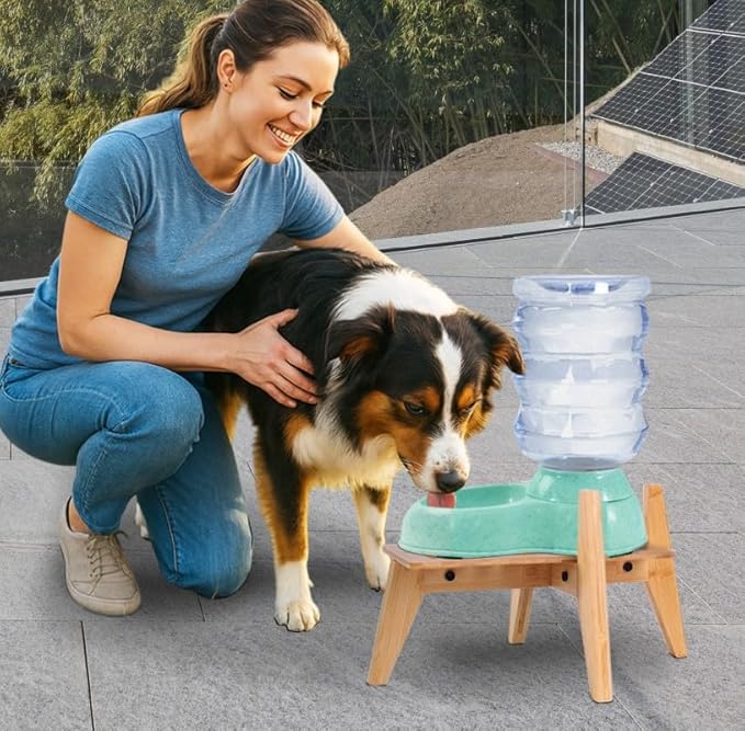 Dog Water Bowl Dispenser Stand - Compatible with Automatic Food Feeders and Water Dispensers - Adaptable Size (Fits S-M-L Sizes) - Natural Bamboo