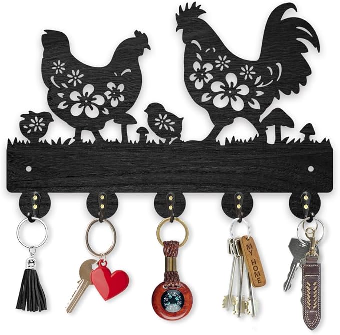 MAYJOYDIY Chicken Coat Hooks Wall Mount Floral Roosters Hens Chicks Wood Key Holder for Wall 11.8×7.9inch Black Animal Wall Art Decor Key Hooks 5 Alloy Hooks for Gift Farmhouse Entryway Living Room