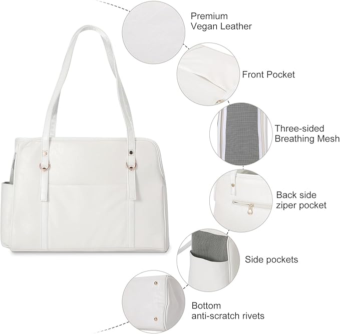 Lasaviin Dog Carrier Purse, Fashion Leather Pet Carrier with Pockets, Airline Approved Soft Sided Dog Carrying Bag for Puppy Cat Dog White