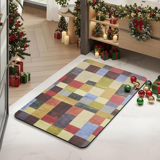 MontVoo -Bath Mat-Non Slip Thin Bathroom Rugs Fit Under Door- Quick Dry Absorbent Faux Suede Surface Grey Bathroom Floor Mats-Shower Rug for in Front of Bathtub Shower Retro Colors Plaid 16x24