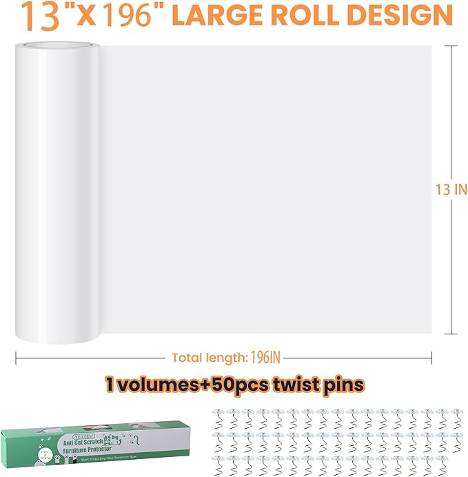 yeatem 196''x13'' Thicken Anti Cat Scratch Furniture Protector, Single-Sided Sticky Couch Corner Protectors for Cats, Extended Size Protects More Furniture, Repellent Tape