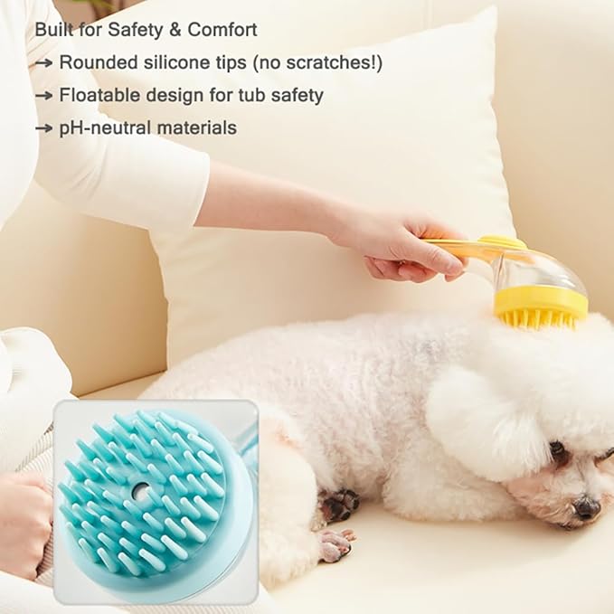 Pet Bath Brush with Shampoo Dispenser - Silicone Massage Grooming Tool for Cats & Dogs, Long Handle Dog Cat Bath Brush for Wet/Dry Use Green (ABS + Food-Grade Silicone, 7.5")