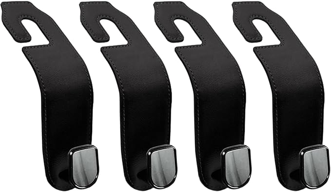 Teoenix Leather Seat Headrest Hook, 4 Pack Purses and Bags Holder Hanger for Car Groceries Organization Accessories, Black