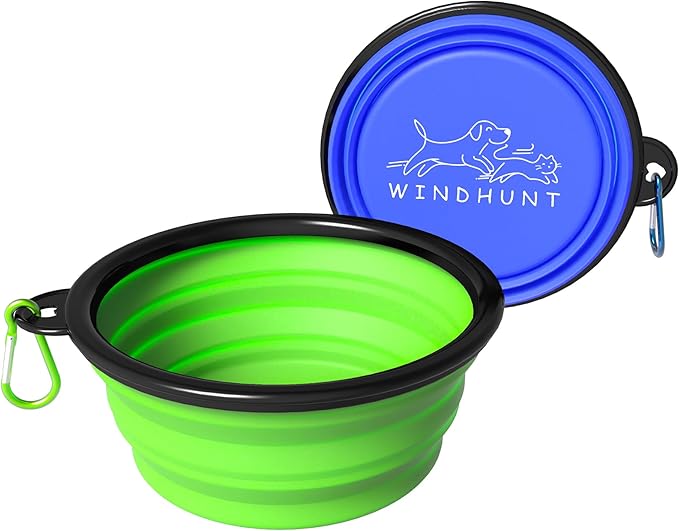 2-Pack Collapsible Dog Bowls, Portable Travel Pet Bowl with Carabiner – Foldable Silicone Feeding Dish for Dogs and Cats On-The-Go (Green + Blue)