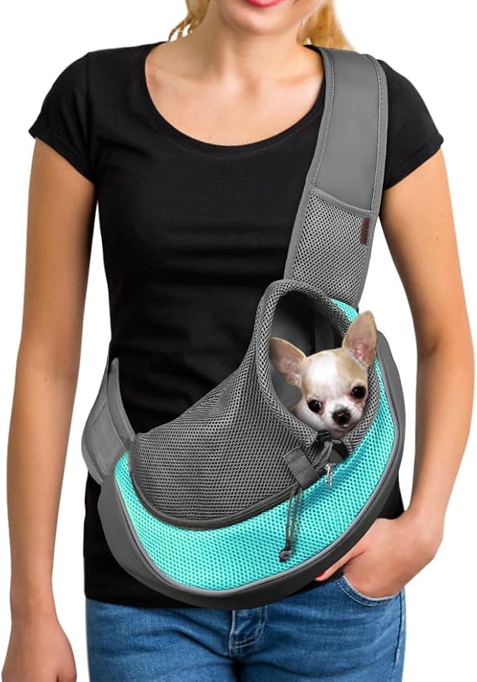 YUDODO Pet Sling Carrier for 2-5 lbs Small Dogs & Cats – Hands-Free Puppy Carrier with Safety Hook, Large Zipper Pocket, Soft Breathable Mesh, Adjustable Strap & Reflective Strip (Cyan 1.0 S)