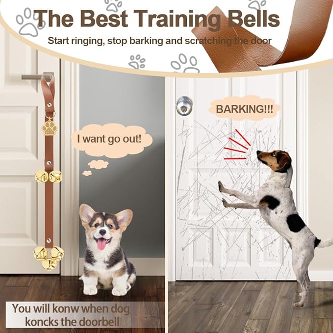 Leather Dog Bells, Puppy Potty Training Bell Dog Doorbell Potty Train Dog Bell for Potty Training Door Bells for Dogs to Ring to Go Outside Jingle Bells (Leather Brown, Paw 1 PCS)