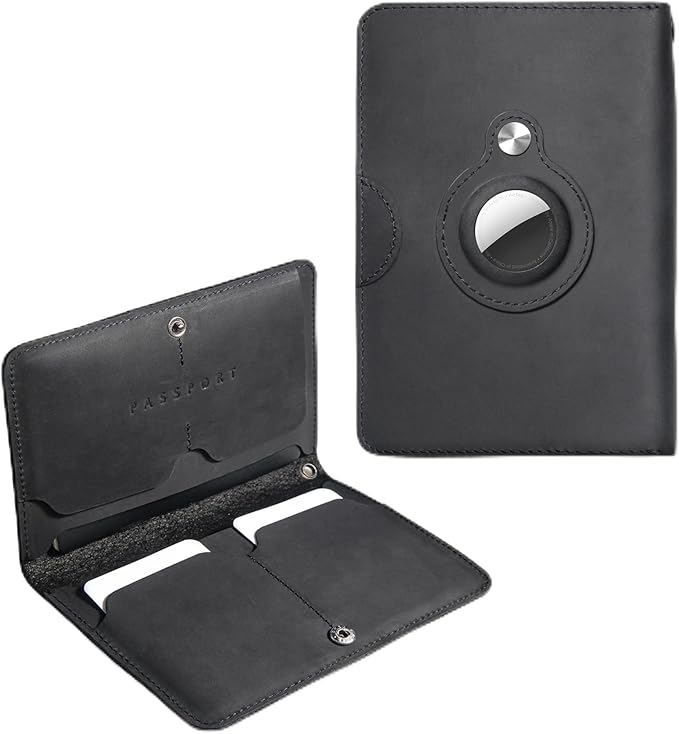 Leather Passport Holder for Travel - Passport Wallets with AirTag Slot, 5 Card Slots & Secure Button Closure, Durable Passport Cover for Men & Women - Crazy Horse Leather(5.9'' x 4.13'')