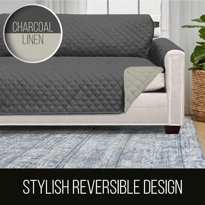 Sofa Shield Couch Armchair Covers for Dogs, Reversible Furniture Protector with Strap, Stain and Tear Resistant Cushion Cover, 48 inch Seat, Machine Washable Slipcover Pets, Cats, Charcoal Linen