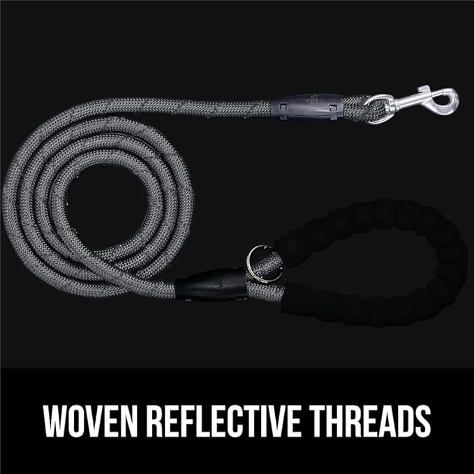 GORILLA GRIP Dog Leash, Heavy Duty Reflective Rope Leashes for Large, Medium, Small Breed Dogs, Puppy Training Essential for Walks, Hikes, Soft Handle, Rotating Metal Clip, Waste Bag Dispenser, Gray
