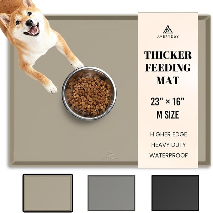 AVERYDAY 23x16'' Silicone Dog Mat for Food and Water, 0.63'' Edge Dog Food Bowl Mats for Floor Waterproof, Dogs Water Mat for Sloppy Drinker, Non Slip Rubber Pet Feeding Mats for Indoor Dogs and Cats