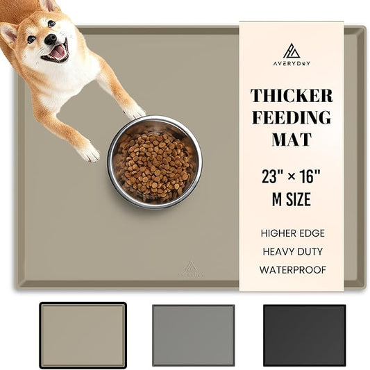 AVERYDAY 23x16'' Silicone Dog Mat for Food and Water, 0.63'' Edge Dog Food Bowl Mats for Floor Waterproof, Dogs Water Mat for Sloppy Drinker, Non Slip Rubber Pet Feeding Mats for Indoor Dogs and Cats
