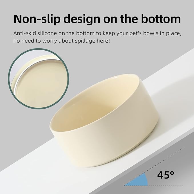 Ceramic 5.1inch Raised Dog and Cat Bowl Set, Elevated with Wooden Stand, Food and Water Bowl for Small Breed Dogs, Cats, Kitty, Weighted Dog Dishes, Pet Bowls(13.5oz, Beige)