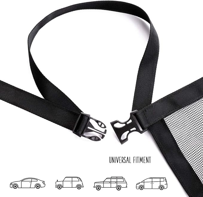DOGUAL Dog Car Net Barrier - Universal Fit Sturdy Mesh, Easy to Install, Convenient for Air Conditioning, Easy to Clean & with Flexible Bungee Cords for Seat Movement