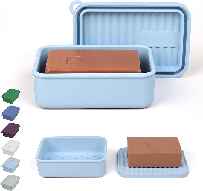 Oversized Silicone Soap Holder for Two Bars of Soap with lid – Leak Proo, Large Capacity, Durable, Impact-Resistant, Stain-Resistant, Fit Shampoo and Conditioner Bar Set (Light Blue)