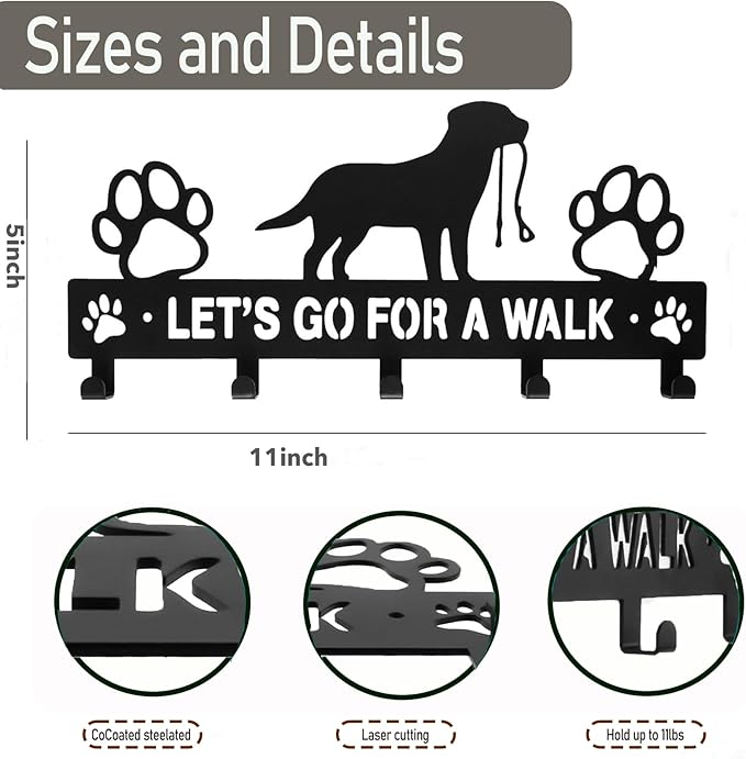 Delllala 5-Hooks Dog Leash Holder for Wall， Dog Accessory Holder ，Metal Key Holder Leash Hooks