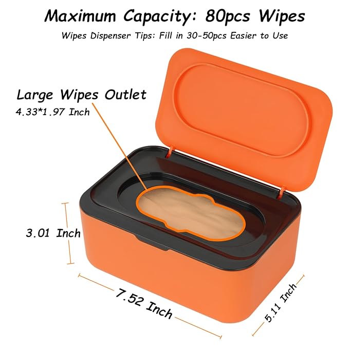 Wipes Dispenser, Wipe Holder for Baby & Adult, Seposeve Refillable Wipe Container, Keeps Wipes Fresh, One-Handed Operation. Non-Slip, Easy Open/Close Wipes Pouch Case, Orange