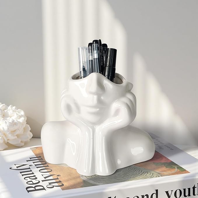 Ceramic Face Pen Holder Organizer, Female Form Face Pen Tools Storage Cup for Desk Accessories, Compact Pencil Holder for Desktop, Living Room, School, Home and Office Decor