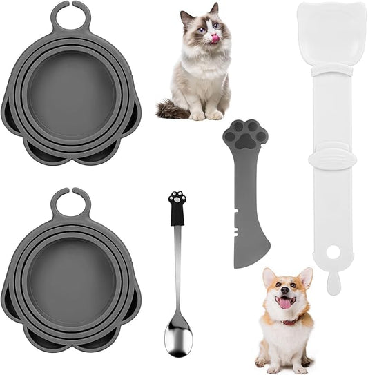 Yummy Sam 5 Pcs Pet Food Can Lids & Spoons Set, Including Wet Food Storage Can Covers for Multiple Sizes Pet Food Cans, Cat Can Opener, Cat Strip Feeder Spoon and Cat Spoons for Wet Food (Grey)