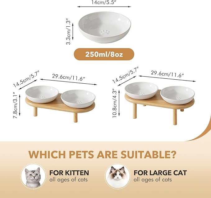 Elevated Ceramic Cat Dish with Paw Print, Wide Whisker Friendly Anti-Slip Food & Water Bowl with 2 Heights Adjustable Stand - Pet Bowl Set for Cats (2 Dishes +Stand, White)