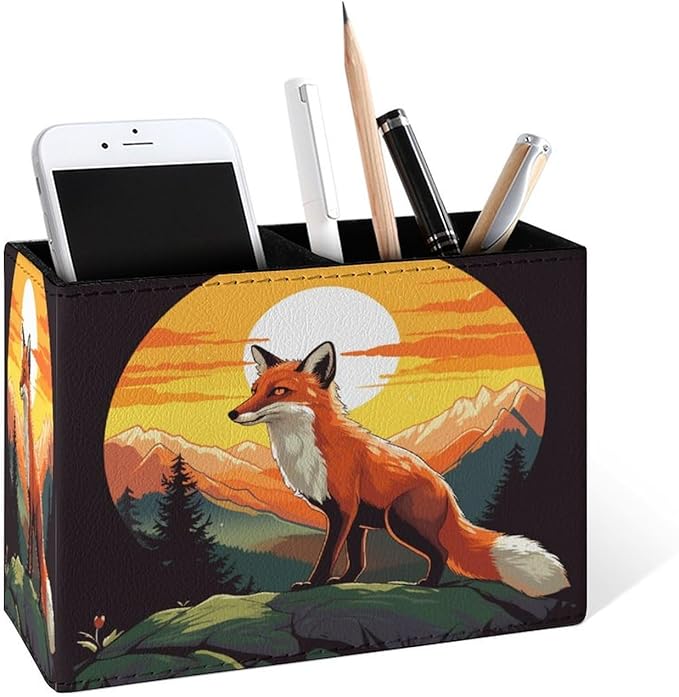 Famame Fox Sunrise Mountain Pencil Holder for Desk, Leather Desktop Container Pen Cup Storage Study Table Pen Organizer Makeup Brush Holder for Classroom Office Home