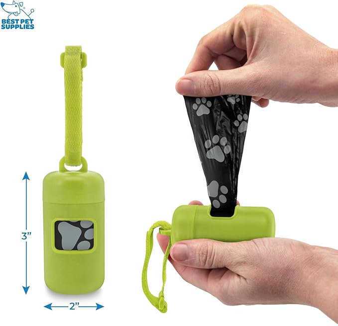 Best Pet Supplies Dog Poop Bag Holder Leash Attachment with 30 Bags, Reusable Dispenser for Travel, Walking, Park, and Outdoor Use, Durable with Clip-On - Lime Green, Pack of 2