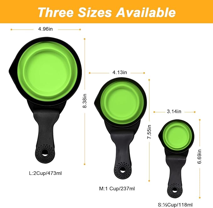 PNEUICALLY Collapsible Dog Food Scoop Foldable Pet Food Bag Clip 3 in 1 Multi-function Silicone Cat Food Measuring Cup Scoop Dog Food Scooper Pet Food Storage Clip (Green, 1 Cup Capacity(1 Pack))