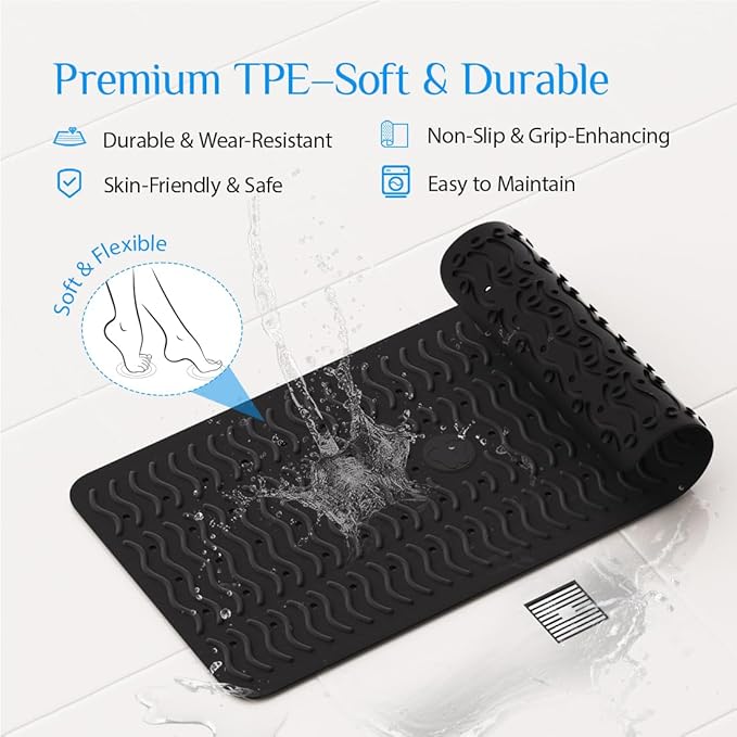 Non Slip Bathtub Mat & Shower Mat, 31x15'' Anti Slip Bath Mat for Tub, Soft TPE Anti-Skid Bathroom Mat with 194 Suction Cups & Drain Holes, Wave-Textured Grip, Machine Washable, Black