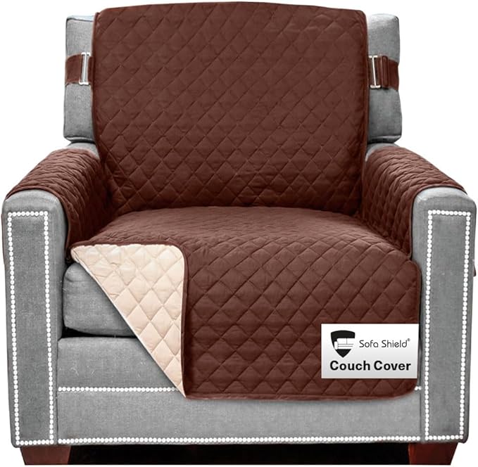Sofa Shield Couch Armchair Covers for Dogs, Reversible Furniture Protector with Strap, Stain and Tear Resistant Cushion Cover, 23 inch Seat, Machine Washable Slipcover Pets, Cats, Chocolate Beige