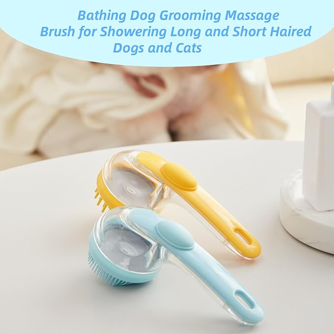 Dog Bath Brush, 2 in 1 Pet Grooming Bath Massage Brush with Soap and Shampoo Dispenser Soft Silicone Bristle Dog Scrubber for Long Short Haired Dogs Cats Shower-Blue