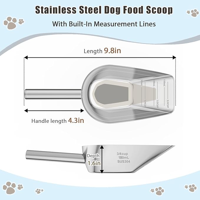 Dog-Cat Food Scoop 3/4 Cup / 6oz, Aloxina Thickened 304 Stainless Steel Pet Food Scoop with Long Handle, Precision Scale, Easy to Clean, Suitable for Wet and Dry Food