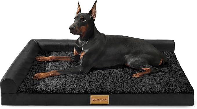 Patas Lague Orthopedic XL Dog Bed Large Sized Dog 48''X30'', Waterproof L Bolster Big Large Pet Sofa Beds with Removable Washable Cover, Soft Pet Couch Crate Mat with Nonskid Bottom, Black