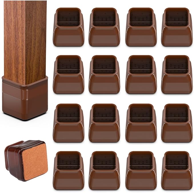 16pcs Square Chair Leg Floor Protectors, Felt Pads Chair Leg Protectors for Hardwood Floors, Silicone Furniture Feet Cups Covers Felt Pads, Prevents Scratches & Reduce Noise, Brown, Large