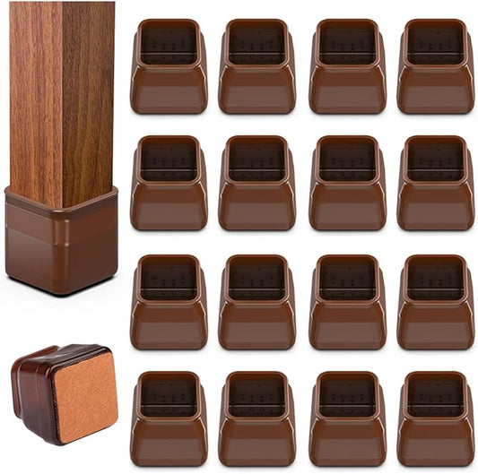 16pcs Square Chair Leg Floor Protectors, Felt Pads Chair Leg Protectors for Hardwood Floors, Silicone Furniture Feet Cups Covers Felt Pads, Prevents Scratches & Reduce Noise, Brown, Large