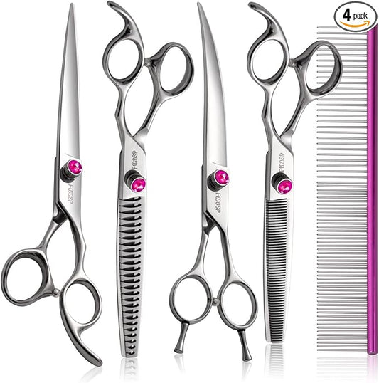 Dog Grooming Scissors Kit 7 in Professional Curved Thinning Straight Chunkers Shears and Comb 5pcs Set for Grooming Dogs Cat Pet Japanese 440C Stainless Steel(7.0'',Kit)