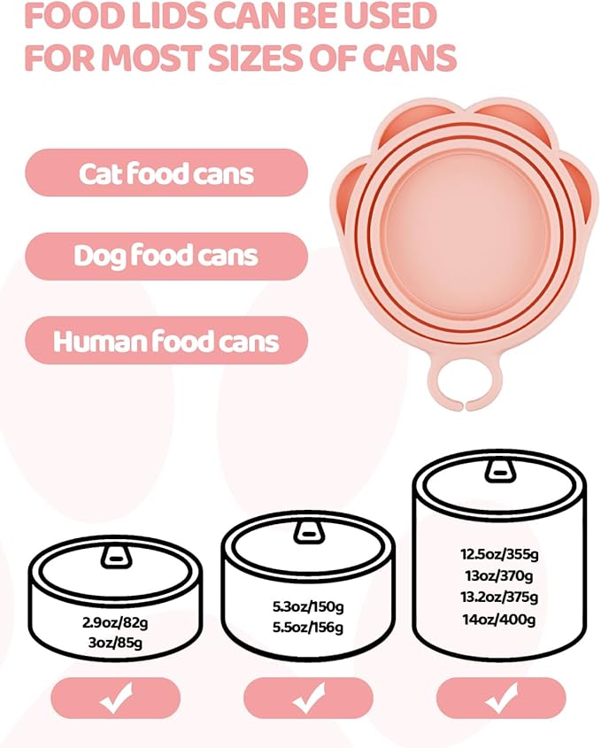 Aecsze 5 PCS Cat Food Can Covers Lids Set - Cute Paw Design Pet Cans Lids Covers with Can Opener, Wet Food Spoon & Cat Treat Squeeze Spoon for Cats, Dogs (Pink)