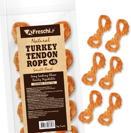 AFreschi Turkey Tendons for Dogs, USA-Sourced, Healthy Dog Treats, Rawhide-Free Puppy Chews, Long Lasting, All Natural, Hypoallergenic Dog Treats for Small Breeds, 6 Count Pack Rope (S)