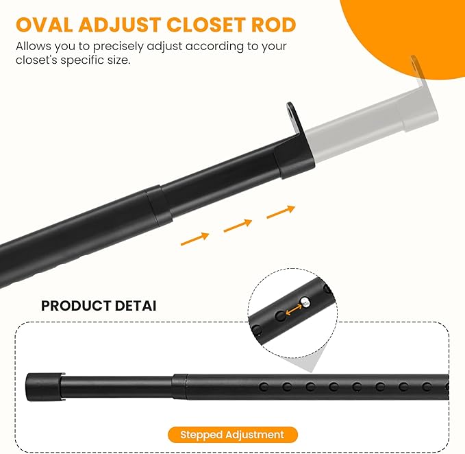 Oval Closet Rod for Hanging Clothes Adjustable Closet Rods 18 to 40 Inch Heavy Duty Black Poles Bar Closet Rod Expandable for Wardrobes Laundry RV