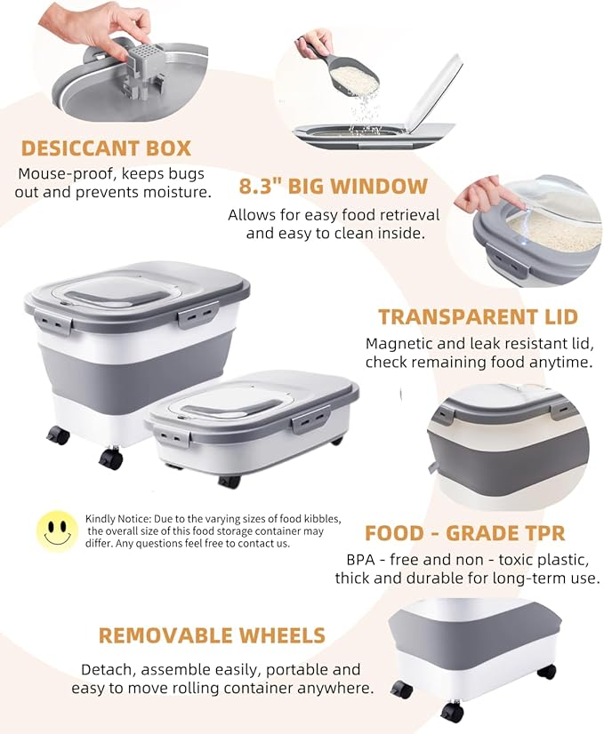 DDMOMMY 20-30 Lbs Rice Storage Container,Collapsible Food Storage Containers with Rolling Wheel Airtight Locking Lid,Flour Storage Container with Cup and Scoop,Suitable for Food,Rice,Pet Food,Flour