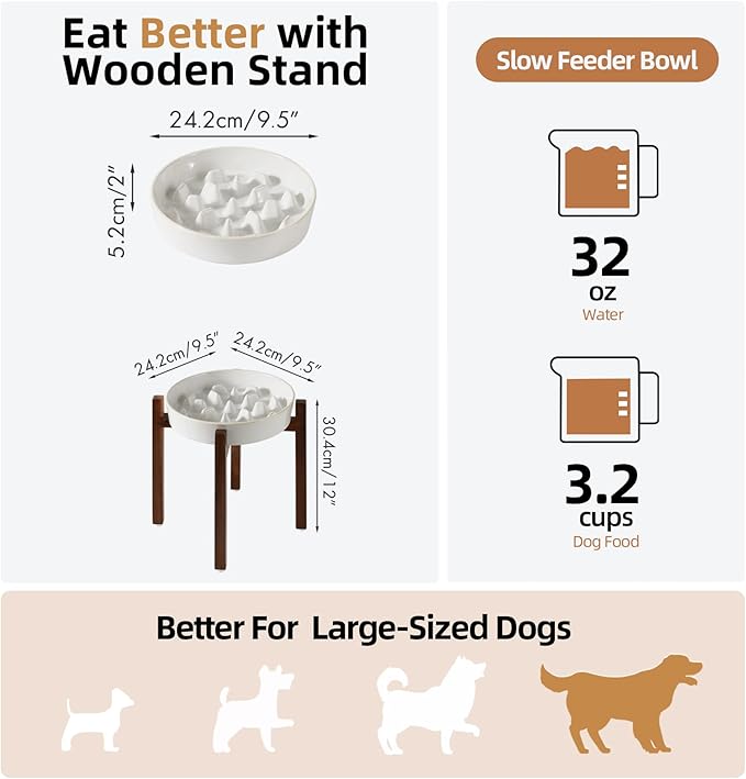 Ceramic 1.6 Cup Raised Slow Feeder Dog Bowl Set, Elevated Acacia Wood Stand for Medium and Large Dogs, 8.2inch Slow Pet Dish for Fast Eaters(1 Bowl & Stand,Reactived Glaze -White)