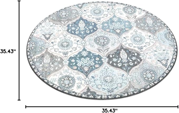 Lahome Moroccan Washable Round Rug, Soft Vintage Small Round Rug 3ft Non-Slip, Ultra-Thin Distress Circle Carpet for Entryway Bathroom Bedroom Kitchen Elise, Blue