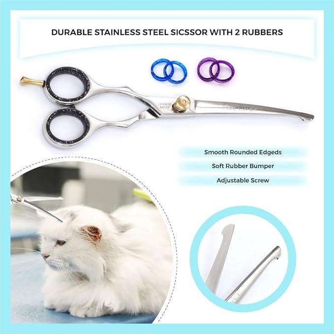 Left-Handed Pet Grooming Scissors Set Pro-Grade Curved Shears for Dogs Cats - Precision Crafted Sharp Blades Comfort Grip - Ideal for Cutting Curving Thinning (LH Round Tip Curved)